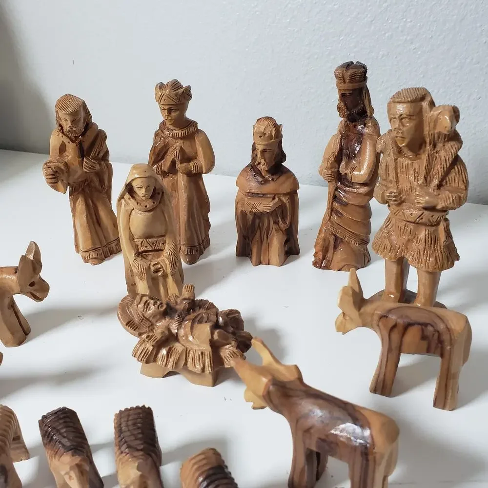 Hand Carved Wood 15PC Nativity Scene Neutral Tan Minimalist Rustic Aesthetic